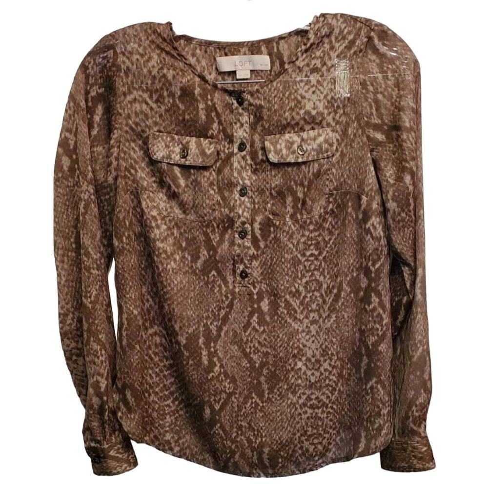 LOFT Women's Petites Half Button Down Snake Animal Print Blouse Size XXS